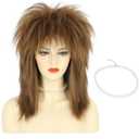 karlery Women Men Long Curly Brown Wig with Necklace 70s 80s Rocker Mullet Costume Wig Halloween Cosplay Party Wig