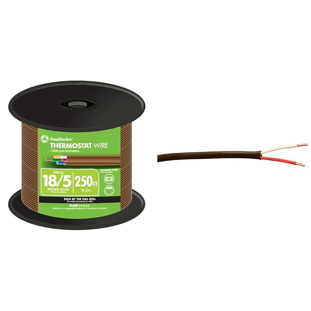 Southwire 64169644 Thermostat Wire, Brown & Woods Coleman Cable 553026607 Thermostat Wire; CL2 Solid Bare Copper; 18/2; 500-Foot; Brown