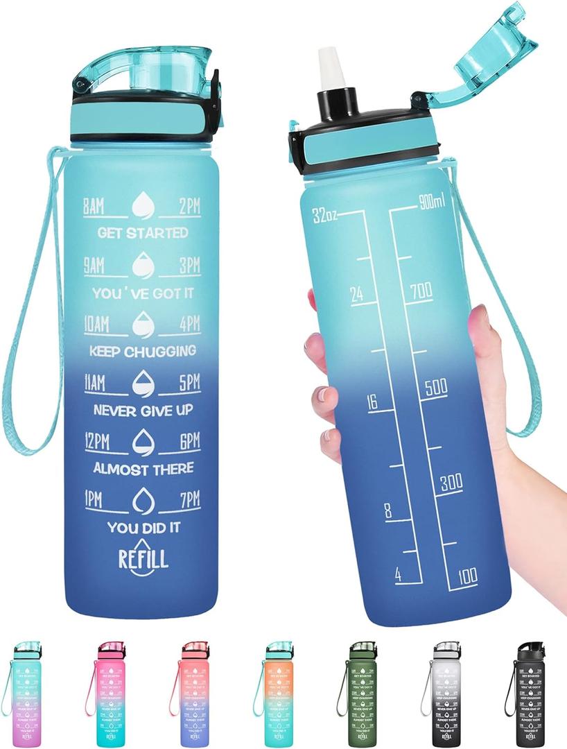 Enerbone Water Bottle, Leakproof BPA & Toxic Free, Motivational Water Bottle with Times to Drink and Straw, Fitness Sports Water Bottle with Strap for Office, Gym, Outdoor Sports (32 Ounces, Green-Blue)
