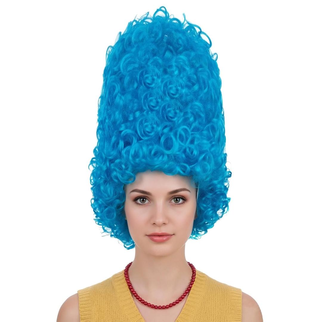 Sky Blue Tall Curly Costume Wig Women Light Blue Beehive Wigs with Red Necklace Christmas Halloween Cosplay Wigs Funny Party Wig