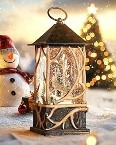Christmas Snow Globe Lantern with Winter Forest Wolf Owl for Christmas Decorations, with Music and Lighting Features，USB or Battery Operated