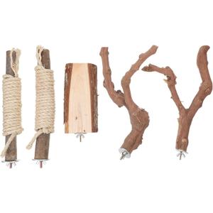 Angoily Bird Perch, 5Pcs Natural Wood Parrot Cage Stand with Multiple Claw Grinding Forks, Vertical Large Branch with Rope for Macaw African Grey Birds Play and Rest, Assorted Colors