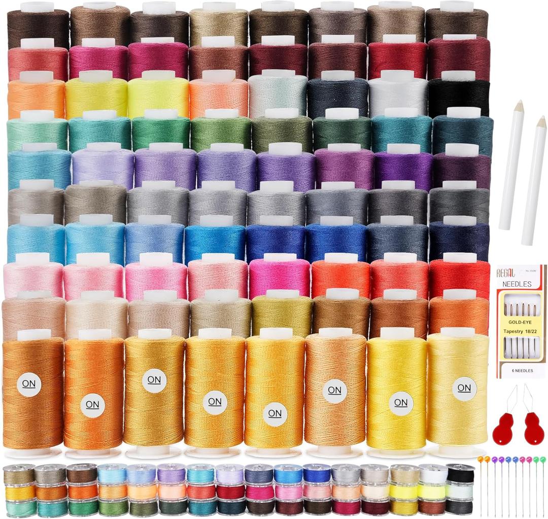 ilauke 80 Colors Sewing Thread, 144 Pcs Sewing Bobbins, 400 Yards Spools of Polyester Thread for Sewings Machine, Prewound Bobbins for Brother Singer Janome Machine with Supplies