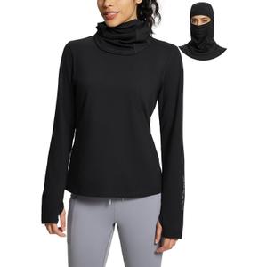 baleaf Thermal Long Sleeve Women Shirts Winter Clothes Cowl Neck Warm Fleece Base Layer Tops with Balaclava and Thumbholes (X-Large, Black)