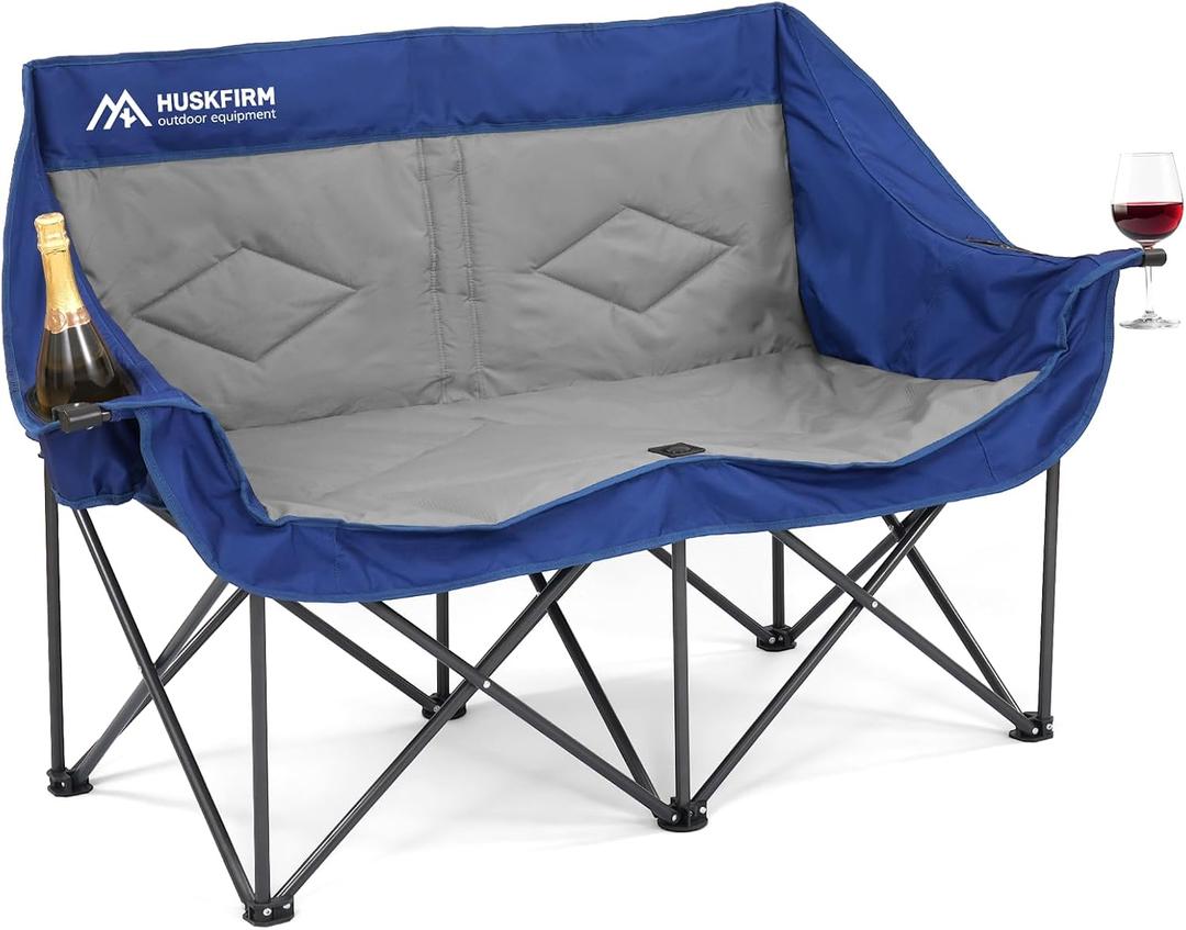 Double Camping Chairs Oversized Loveseat - 2 Person Camping Chair Portable Lawn Folding Chair for Outside Adults - Heavy Duty Outdoor Camping Couch with Cup Hold, Blue