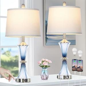 Rinweey Blue Glass Table Lamp Set of 2 with USB C+A Ports & AC Outlet, Bedside Lamp, Modern Bedroom Lamps, Coastal Lamp for Night Stands Bedroom Living Room,Nightstand Lamp LED Bulbs Included