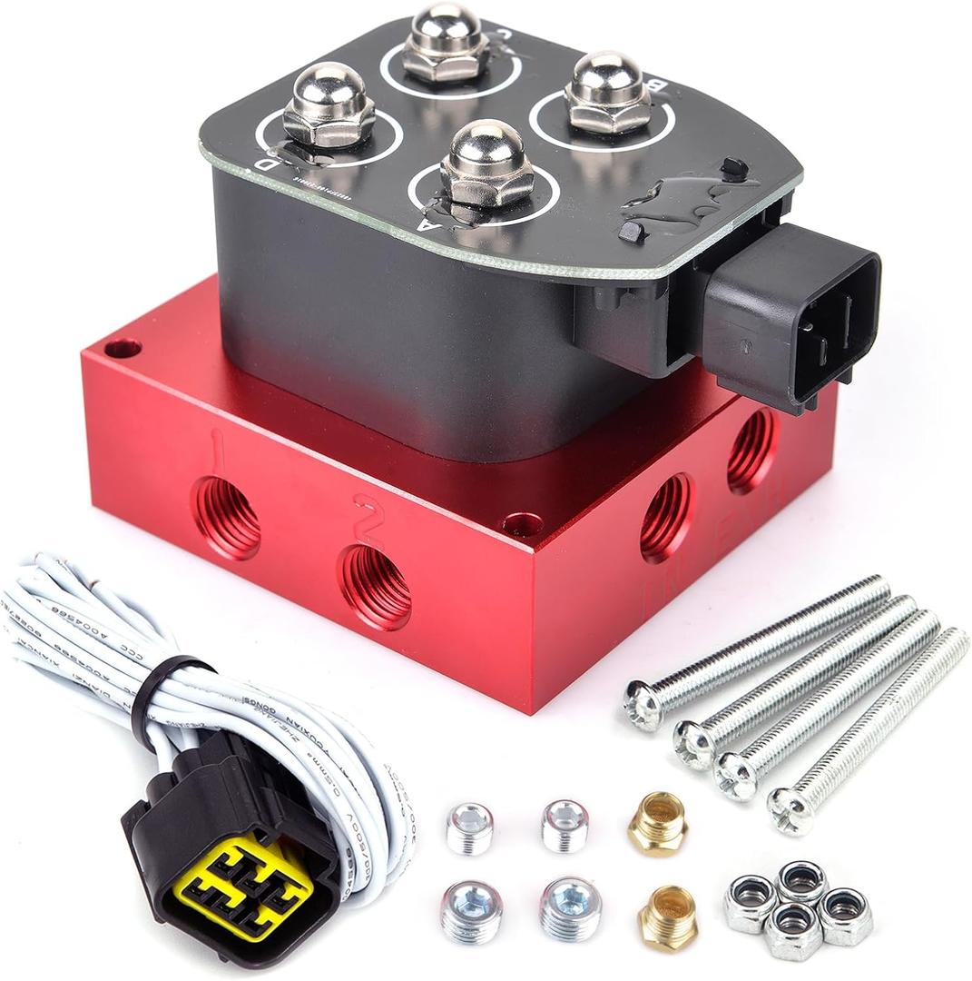 Air Ride Controller Air Ride Manifold Bag Controller Solenoid Valve 1/4 NPT 0-200Psi 12V Control Air Bag Suspension Red (4-Valver)