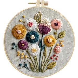 JJFox Embroidery Kit for Beginners and Adults, DIY Hand Embroidery Starter Kit with Cute Pattern, Cross Stitch Needlepoint Set with Hoop, Threads and Instructions (Flower)