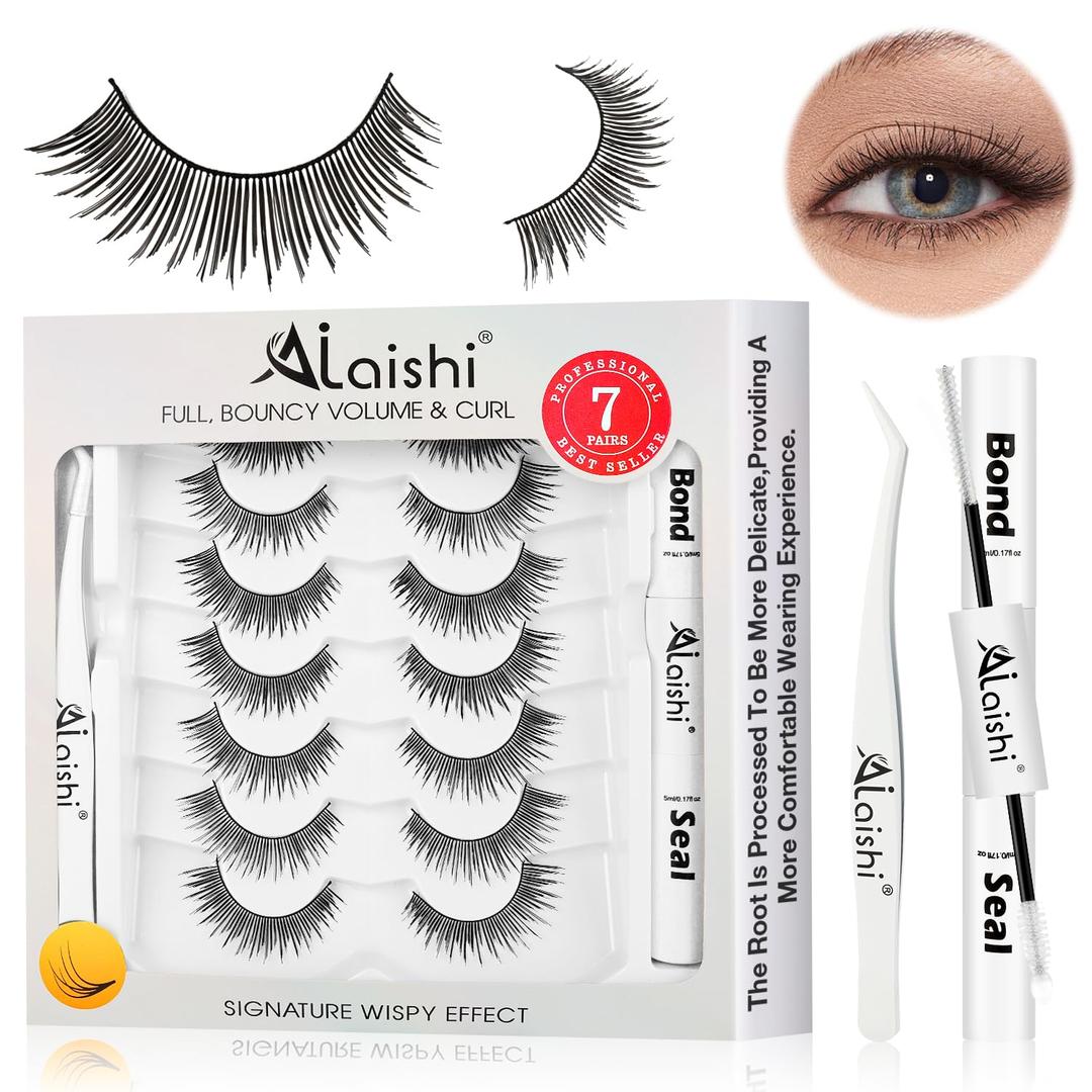 2 x Wispy False Eyelashes Kit With Bond, Seal and Tweezer, 7 Pairs Natural Look Fake Cat Eye Lashes Strips Thin Band Extensions Waterproof Easy Eyelashes for Beginners DF2