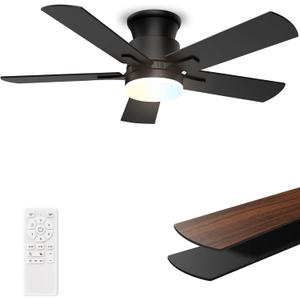 Flush Mount Ceiling Fans with Lights 42 Inch, Remote Control, 3CCT Dimmable, 6 Speeds, Noiseless Reversible DC Motor, Low Profile Hugger Black Ceiling Fan for Living Room, Patio, Indoor/Outdoor, ETL