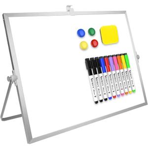 Dry Erase White Board, 16inX12in Large Magnetic Desktop Whiteboard with Stand, 10 Markers, 4 Magnets, 1 Eraser, Portable Double-Sided White Board Easel for Memo to Do List Desk Office