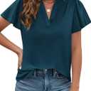 PRETTYGARDEN Women's 2026 Summer Satin Blouses Dressy Casual Ruffle Cap Sleeve V Neck Business Work Cute Tops Spring Outfits (Dark Blue)