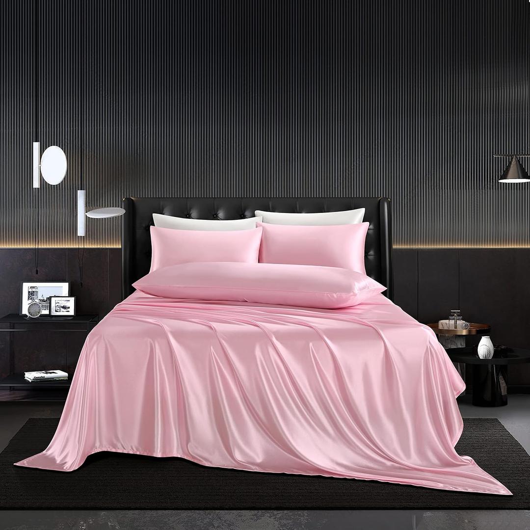 5Pcs Pink Silk Sheets Full Size Satin Sheets Set Silky Breathable Luxury Bedding Sheets Set with 1 Satin Flat Sheet,1Deep Pocket Fitted Sheet,3 Pillowcases