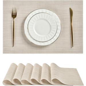 Leetaltree Beige White Placemats Set of 6 - Heat Resistant Non-Slip Place mats for Dining Table, Washable Durable PVC Vinyl Woven Table Mats（Beige White, 6）