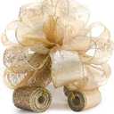 Traico Christmas Tree Topper Bow - Bow: 11" sq. - Tails: 3 Yards Long Each - Champagne Snowflake