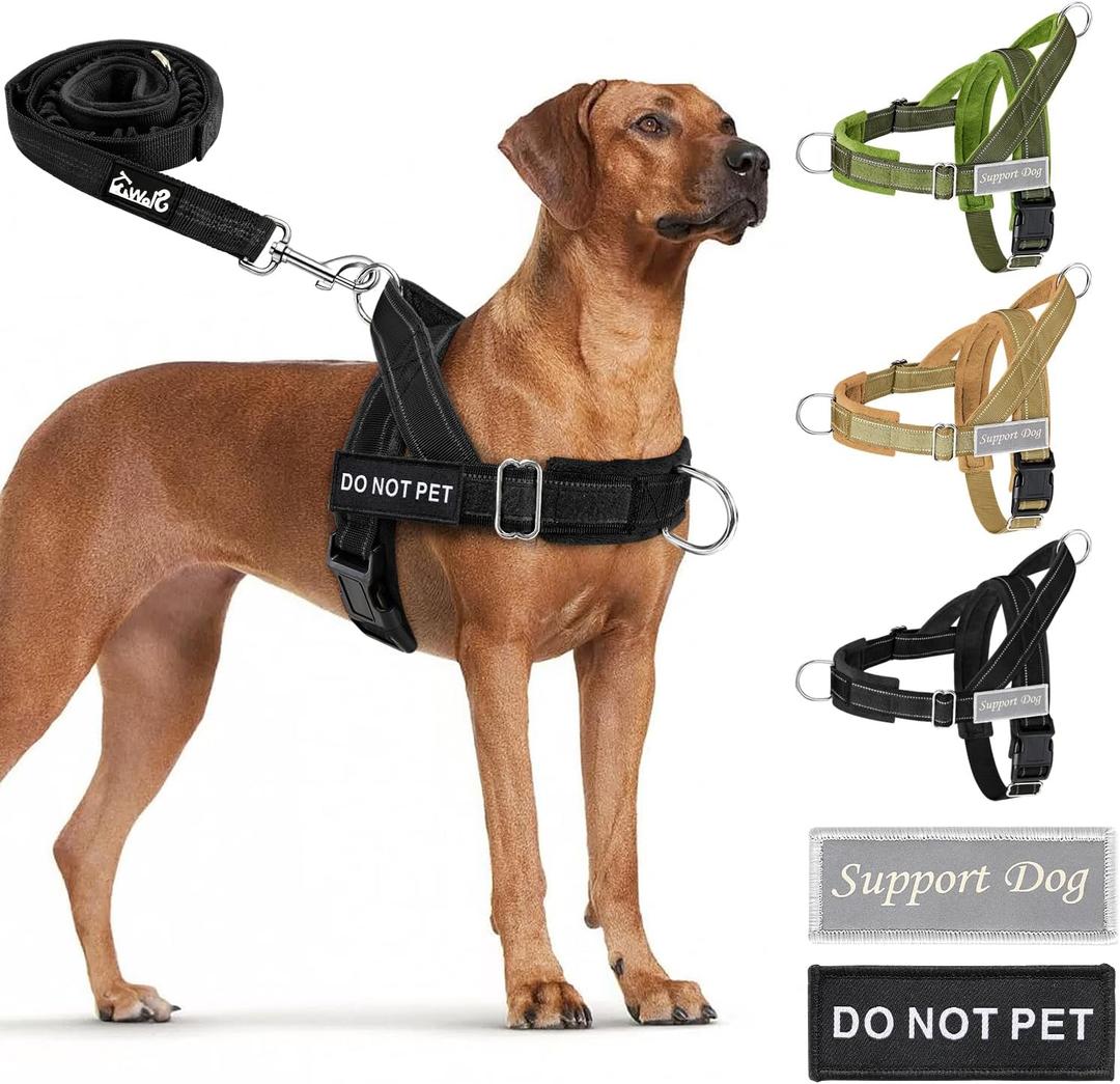 SlowTon No Pull Dog Harness - Heavy Duty Dog Harness and Leash Set for Dogs, Reflective Tactical Harness with Soft Padded and Front Clip for Easy Walk and Training (Black, L)