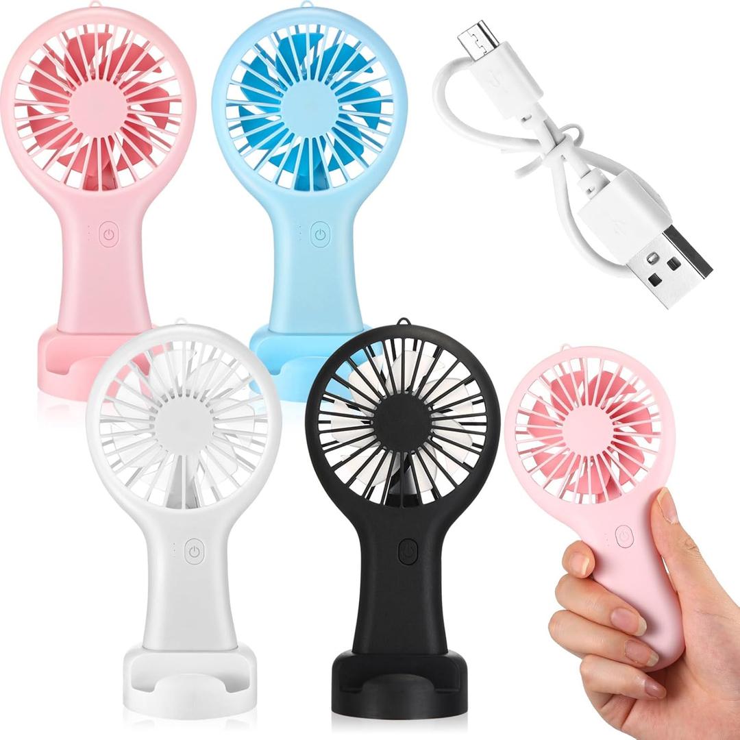 Woanger 4 Pcs Mini Handheld Fan Bulk 3 Speed USB Electric Battery Operated Small Portable Pocket Fan with Data Cable and Mounting Base Summer Gift for Wedding Camping Travel(White, Pink, Blue, Black)