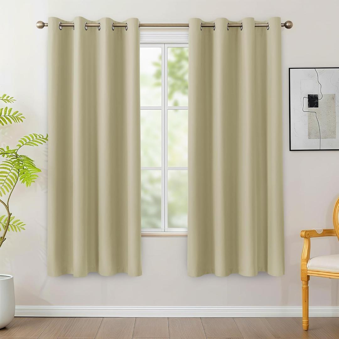 BONZER 100% Blackout Curtains 63 Inches Length - Grommet Window Drapes, Single Layer Noise Reducing Light Blocking Curtain with Black Laminated Backing for Bedroom, Living Room, Beige, 2 Panels