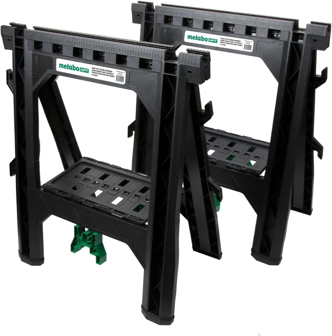 Metabo HPT Folding Sawhorses, 2-Pack, Lightweight Design, 1,200 lbs Capacity, Includes 4 Sawbucks, Ideal for Extra Workstations, Non-Skid Feet for Stability, Built-In Shelf and Cord Hooks, 115445M