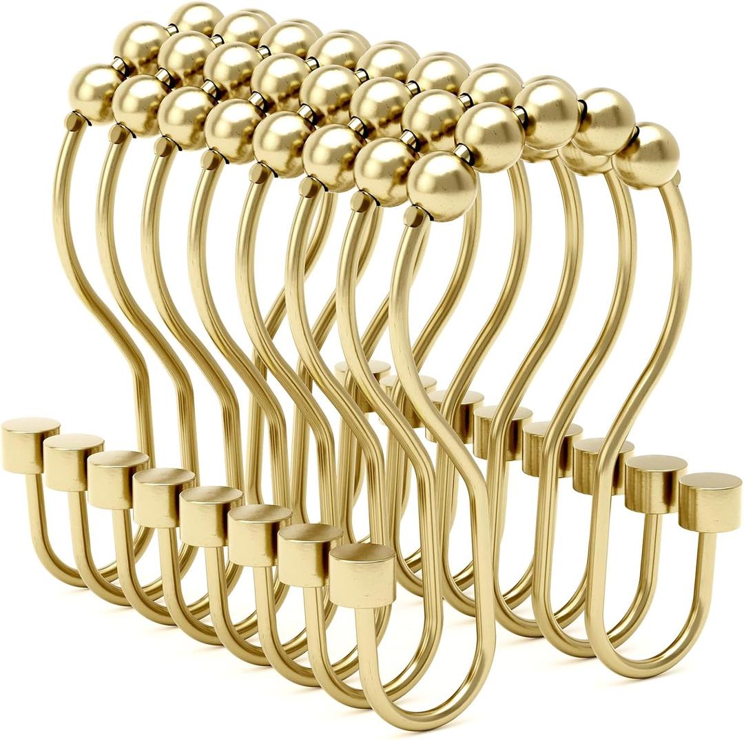 Bathway Shower Curtain Hooks, Shower Curtain Rings Rust Proof Double Hook Shower Curtain Hooks with Clindrical Design, 12 Pcs Light Gold Shower Hooks for Shower Curtain, Metal Shower Rod Hooks
