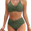 Blooming Jelly Women's High Waisted Bikini Sets Matel Tummy Control Swimsuits V Neck Twist Front Bathing Suit (Green, L)