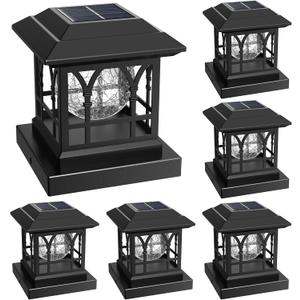 Fence Post Solar Lights, Crackle Glass Solar Post Cap Lights, 20 Lumens, Warm White & RGB Automatic Cycling 2 Modes for 3.6x3.6 4x4 4.5x4.5 5x5 Vinyl Wooden Posts Decoration, Black (6 Pack)