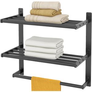 Hotel Towel Racks for Bathroom Wall Mounted, BETHOM Towel Shelf for Bathroom 3-Tier, 16 Inch Matte Black Towel Bar with Shelf