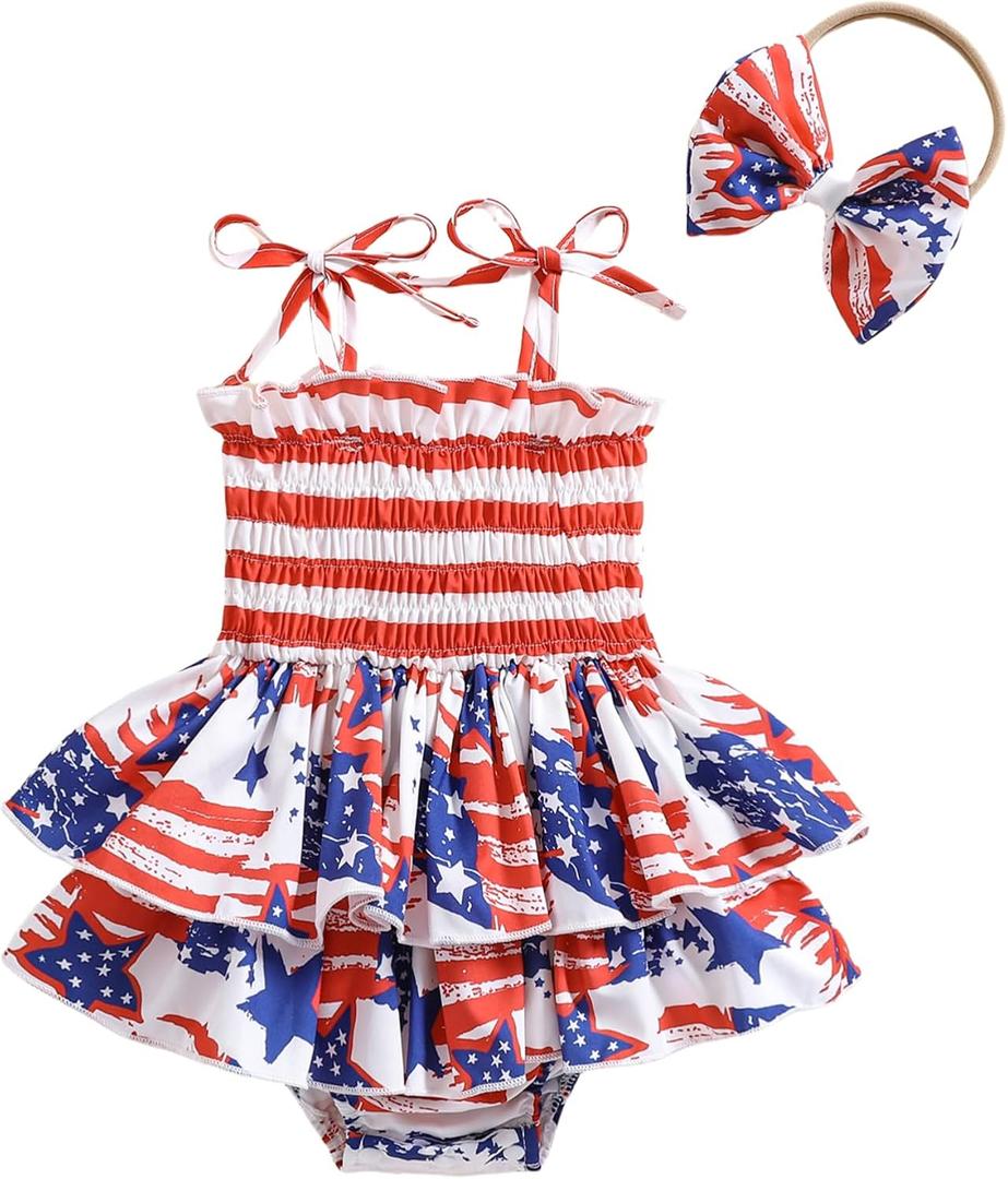 Noubeau Toddler Baby Girl 4th of July Dresses Independence Day Outfit Kid American Flag Stars Stripes Patriotic Dress Clothes