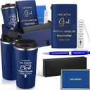 6 Pcs Christian Gift Set for Men 17 oz Stainless Tumbler Notebook Religious Metal Bookmark Pen with Box and 1 Refills Greeting Card for Father's Day Pastor Appreciation Gift(Blue)