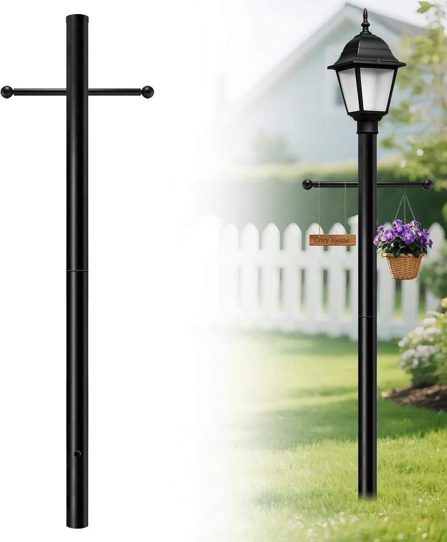 80 Inch Direct Burial Outdoor Lamp Post, 3" Diameter Black Heavy-Duty Galvanized Steel with 16" Cross Arm & Decorative Balls, Bottom Wiring Hole, Weatherproof for Driveway, Front Yard, Pathway