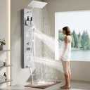 Shower Panel Tower System with Shelf, Body Jet Massage, Tub Spout, Total 4 Body Spray & 5 Handheld Settings, Adjustable Height, Rainfall + Waterfall Shower Head, Rain Massage Spa System For Bathroom