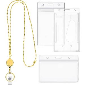 Zonon Retractable Badge Reel Lanyard with ID Holder for Women, Cruise Lanyard Stainless Steel Necklace with 3 Pieces Name Badge Holder Clip for Teacher(Gold) 35 Inches