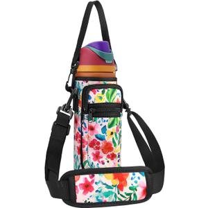 Neoprene Water Bottle Holder Bag with Cell Phone Pocket Compatible with Owala FreeSip 24 ozWater Bottle Carrying Bag with Adjustable Shoulder Strap,for 24oz Stainless Steel Water Bottle (Pink Flower)
