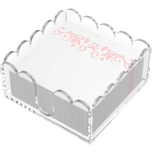 YAGELI Acrylic Napkin Holder for Cocktails  Clear Scalloped Tray and Dispenser for Kitchen, Dining, Bar  Organizes Flat Paper Towels & Disposable Napkins for Weddings, Home, Hotel (5.4x5.2in)