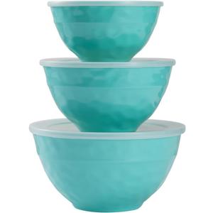 TP Mixing Bowl Set with Lids, 6-Piece Melamine Nesting Bowls Set for Pasta Baking Salad Mixing, Set of 3, Glossy Turquoise (Medium)