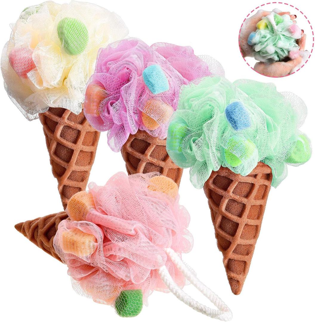  4 Pieces Kids Loofah Ice Cream Cone Bath Sponge Kids Bath Shower Sponge Body Scrubber Exfoliating Loofah for Spa Shower 