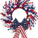 20 Inch Patriotic Wreaths for Front Door, 4th of July Wreath with Stars & Stripes Bow, Red White Blue Floral Wreath for Porch, Wall, Window, Indoor Outdoor Home Decor