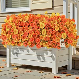 Alupssuc 20 Bundles Artificial Fall Flowers for Outdoors Decoration, UV Resistant Silk Colorful Morning Glory Realistic Faux Flowers Plants for Planter Porch Patio Yard Balcony, Fall Yellow&Orange