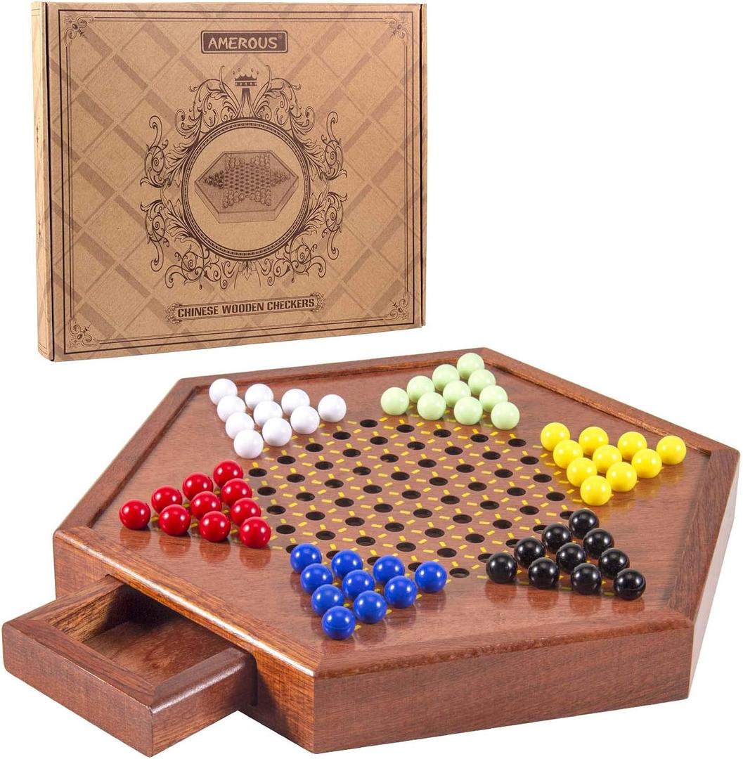 AMEROUS 12.5 inches Wooden Chinese Checkers Set with Storage Drawer - 60 Acrylic Marbles in 6 Colors - 12 Bonus Spare Marbles, Classic Strategy Family Board Game for Kids and Adults