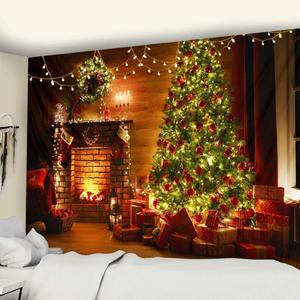 Mr.Bee Wall Tapestry Christmas Colorful Tapestry Backdrop, Xmas Santa Claus, Reindeer, Tree and Fire Place for the Living Room Background Wall Hanging for Party Home Christmas Wall Decor (W90 x L71)