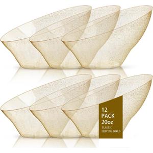 bUCLA 12 Pack Gold Glitter Plastic Serving Bowls - 20 OZ Disposable Snack, Fruit, Chip, Candy Angled Serving Bowls for Party & Thanksgiving