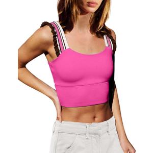 Wenlia Women's Cropped Tank Tops Sleeveless Stretchy Camisole Ruffle Wide Strap Cut Out Workout Gym Athletic Camis Shirt (X-Large)