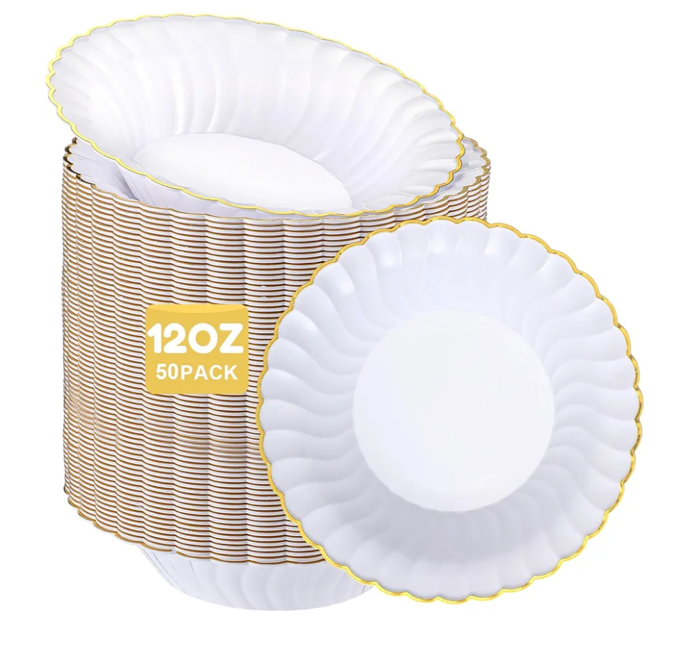 50 Pack Plastic Soup Bowls with Gold Rim, 12oz Disposable Dessert Soup Bowls with Wavy Edge for Birthday, Party, Wedding, Dinners, Catering and Everyday Use