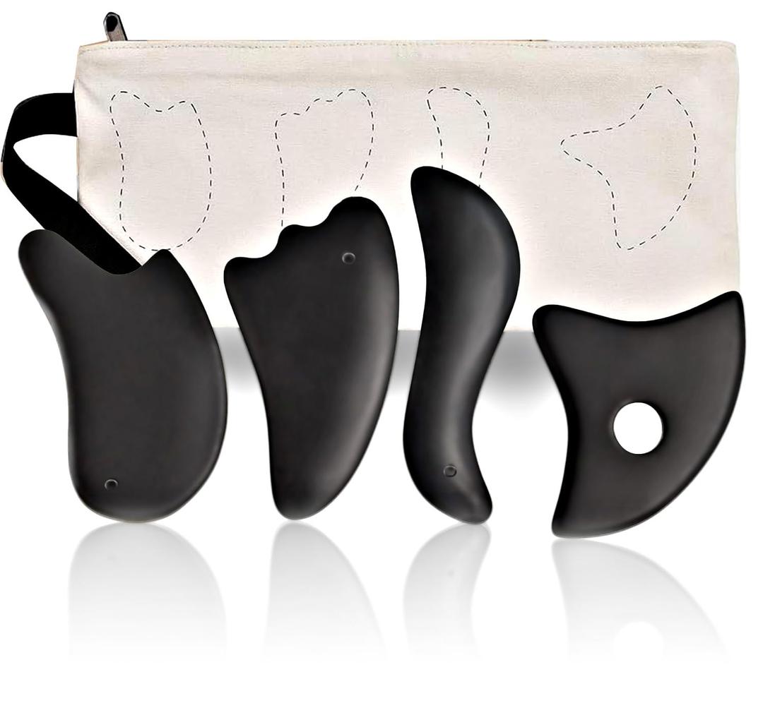 Gua Sha Facial Tools Set of 4 - Premium Bian Stone for Face & Body: Glowing Massage, Daily Skincare Routine, Age-Rewinding, Face Lifting & Slimming Beauty Kit for Woman Man(Black)