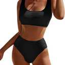 DaiLiWei High Waisted for Women Ribbed 2 Piece Bathing Suit Modest Full Coverage Bikini Sets Sporty Cute Swim Suits for Teens, Size S
