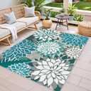 Colorful 8x10 Outdoor Area Rug Washable Multicolored Patio Rug Tropical Botanical Floral Chenille Waterproof Outdoor Carpet Non-Slip for Deck, Backyard, Porch, Teal