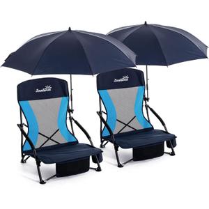 Folding Beach Chair with Umbrella for Adults, 2 Pack Portable Low Beach Chairs with 300lbs Capacity, Lightweight Fodable Camping Chair for Travel, Picnic, Concert & Outdoor Activities, Navy Blue, 27.5 x 22 x 20 inches