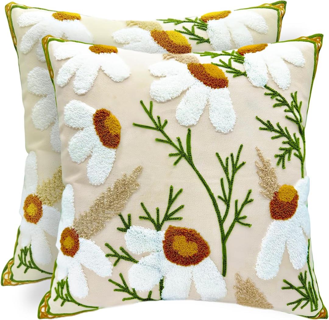 Alysheer Floral Embroidered Fall Decorative Throw Pillow Covers 18"x 18" Set of 2, Farmhouse Daisy Flowers Patterned Canvas Cushion Cases for Couch Bed Living Room Decor