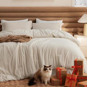 Bedsure Full Size Comforter Sets - Beige Soft Bedding for All Seasons, Cationic Dyed Bed Set, 3 Pieces, 1 Full Size Comforter (82"x86") and 2 Pillow Shams (20"x26"+2")