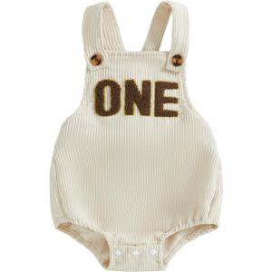 Honganda Baby Boy First Birthday Outfit Sleeveless Corduroy Overalls Letter One Cake Smash Romper for 1st Birthday Party (12-18 Months, Beige)